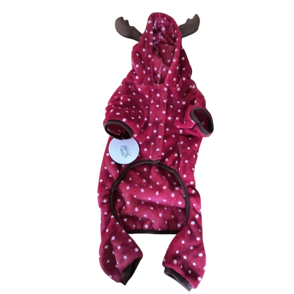 NWT LuvGear Red Polka Dot Dog Hoodie with Antlers Pajamas Size M